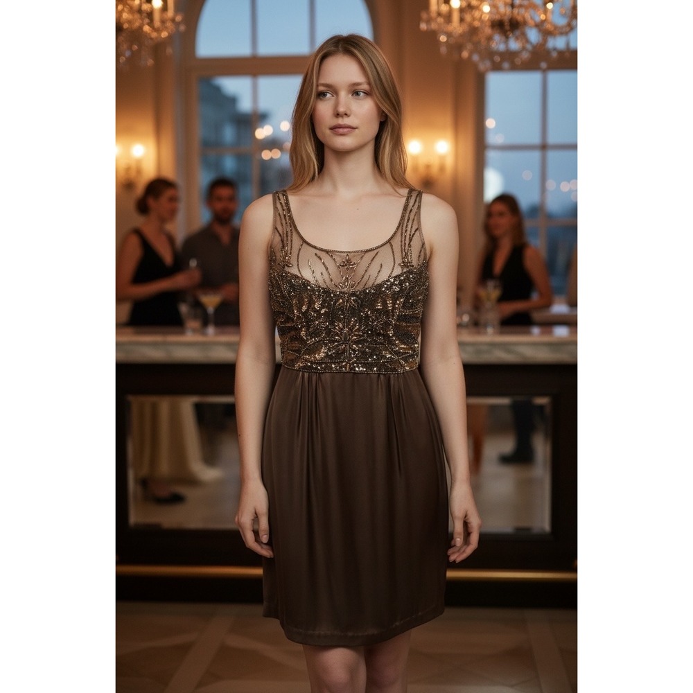 Sue Wong‎ Nocturne Brown Beaded Sequin Cocktail Dress N0306 Size 6